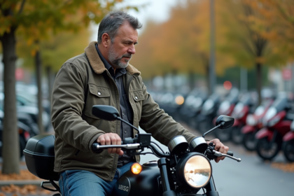 Homme inspectant l'odomètre d'une moto de tourisme d'occasion