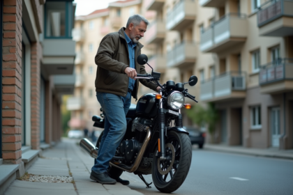 Homme d'âge moyen verrouillant sa moto dans un environnement urbain