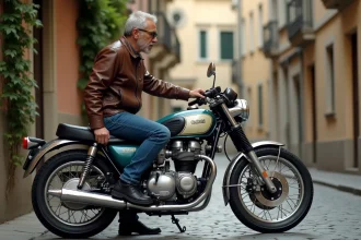 Homme en blouson vintage près d'une Suzuki 750 GT