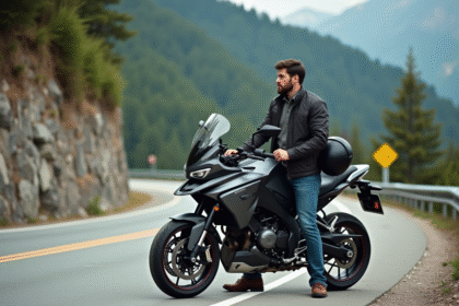 Homme en veste de moto avec une moto de tourisme en montagne