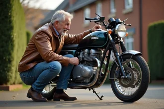 Homme examinant une Yamaha 125 TZR vintage en extérieur