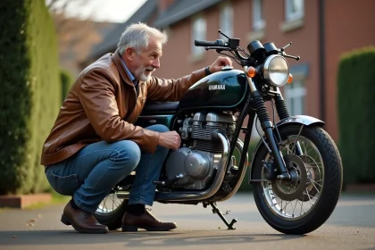 Homme examinant une Yamaha 125 TZR vintage en extérieur
