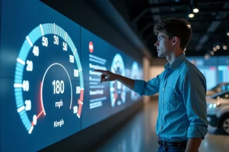 Jeune homme regardant un speedomètre dans un musée automobile