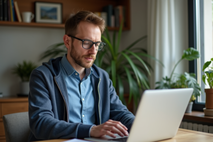 Homme d'âge moyen utilisant un ordinateur pour l'assurance à la maison