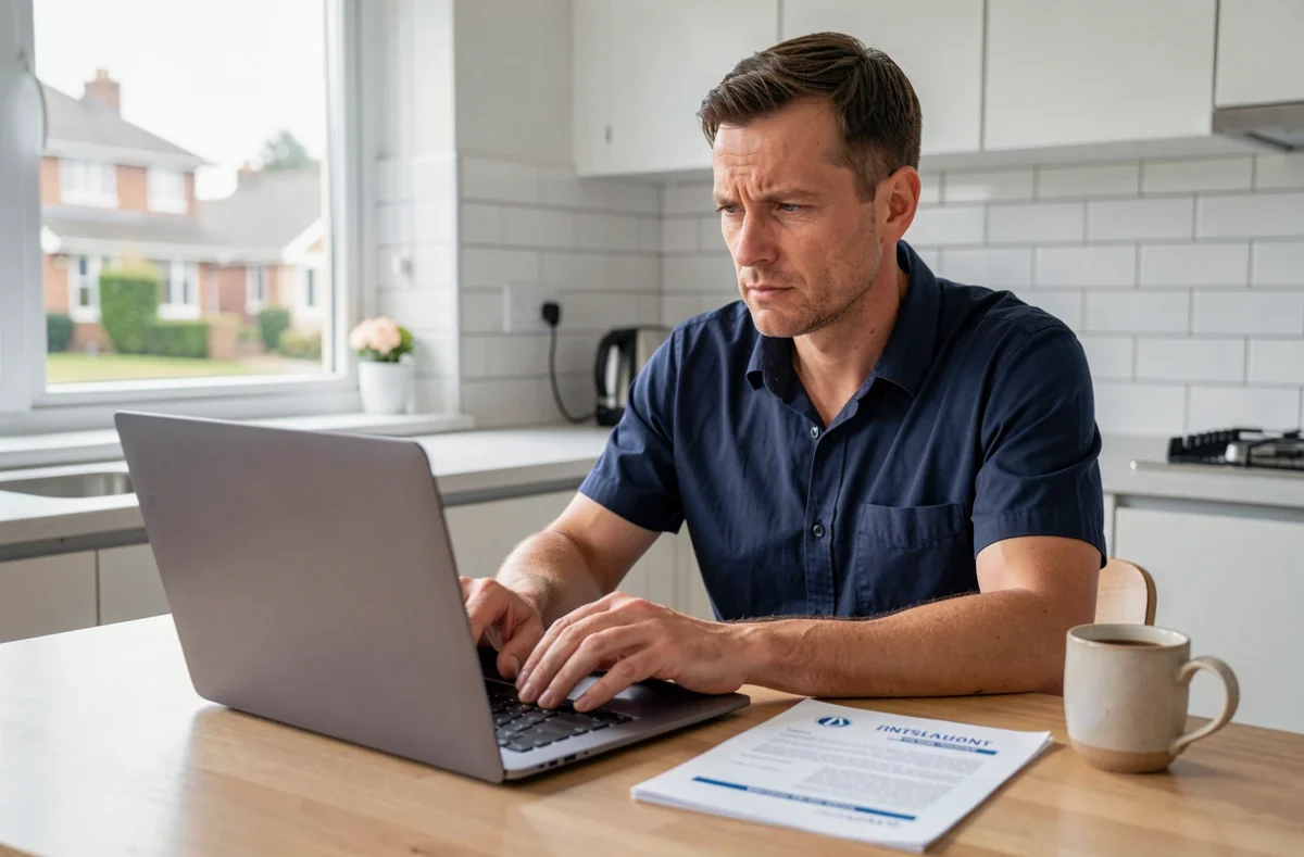 Homme tapant une lettre de résiliation d'assurance auto sur ordinateur dans une cuisine moderne
