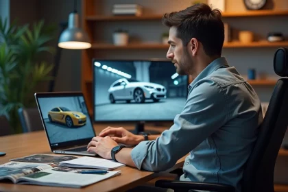 Homme étudiant deux voitures sur son ordinateur dans un bureau