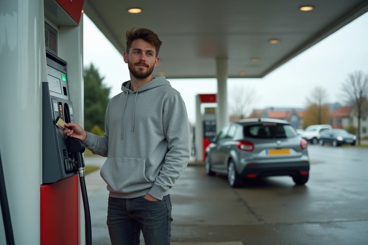 Homme payant le plein d'essence à une station-service avant de partager les frais de trajet