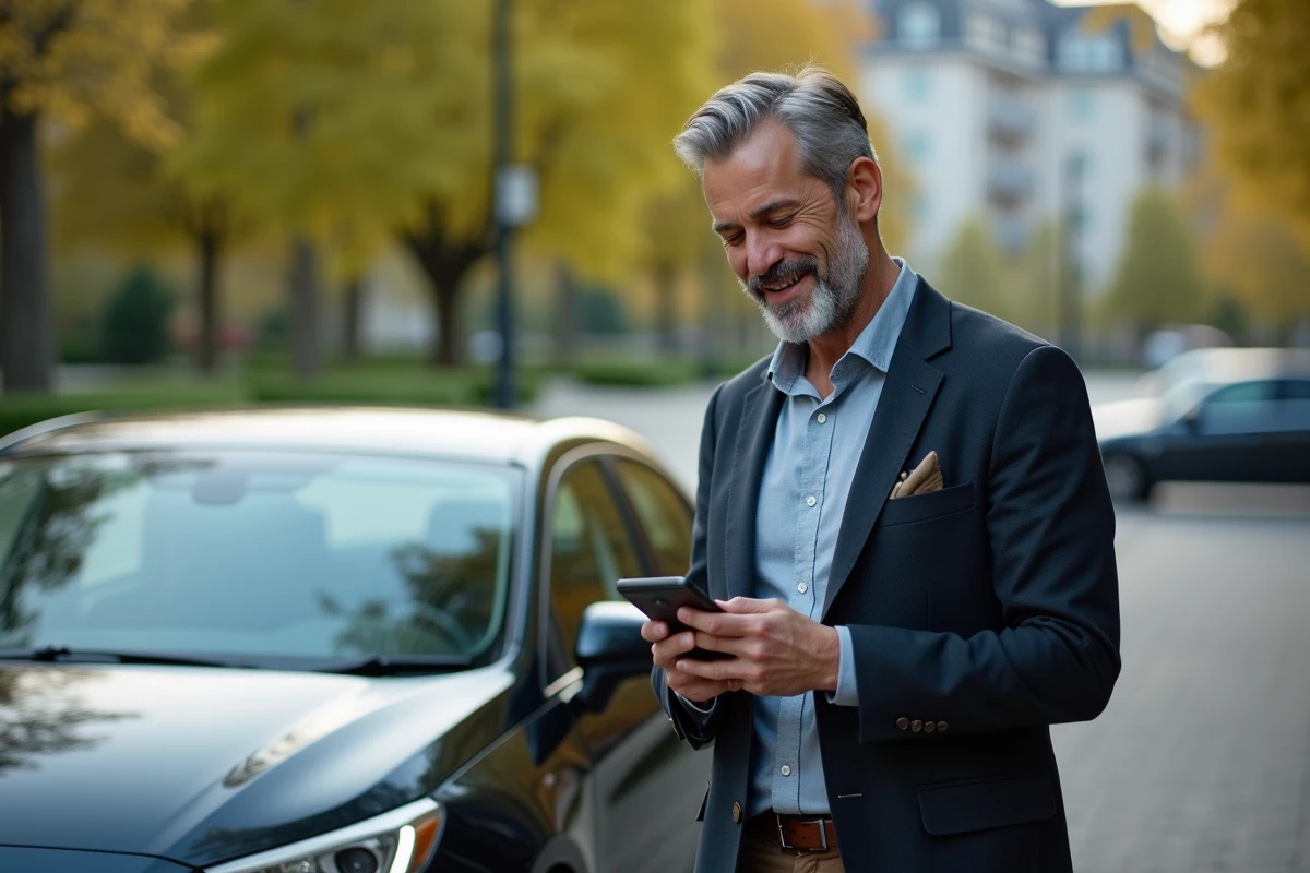 Homme d age moyen près de sa voiture en plein air
