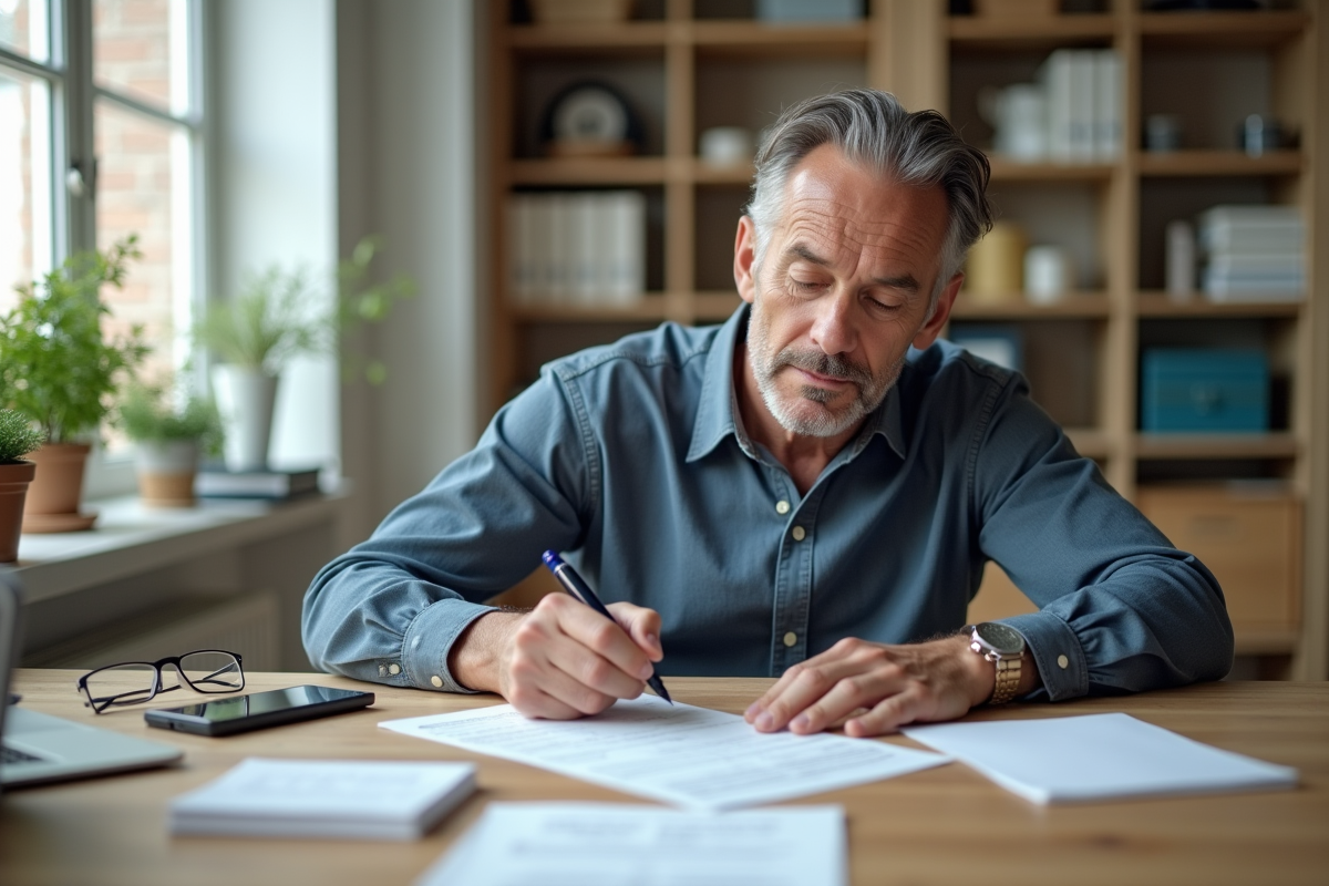 Homme d'âge moyen remplissant un document de vente de véhicule