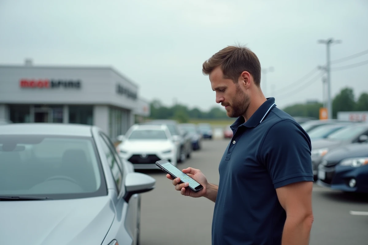 Homme recherchant un modèle de voiture par filtre alphabétique sur smartphone dans un parking de concession automobile