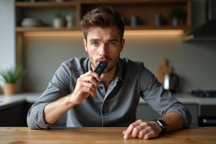 Homme calme utilisant un alcootest dans une cuisine moderne