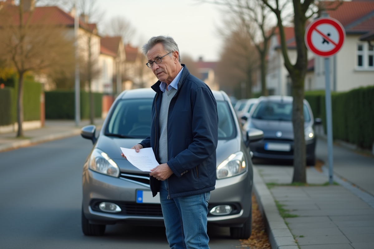 Homme d'âge moyen avec document devant sa voiture