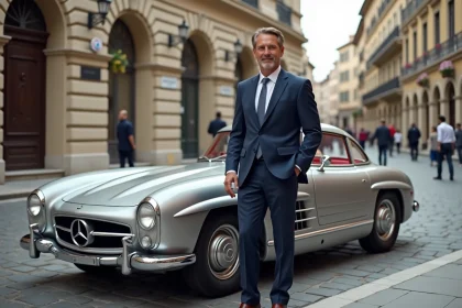 Homme en costume devant une Mercedes 300 SL en ville