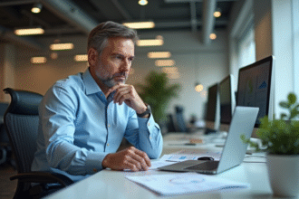 Homme d'affaires concentré à son bureau moderne