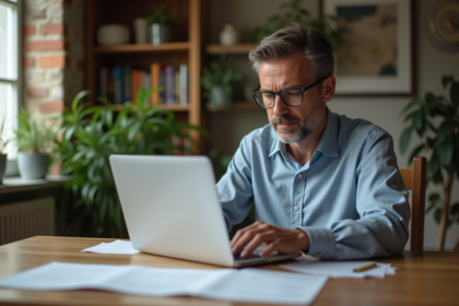 Homme concentré sur son ordinateur vérifiant Telepoint à la maison