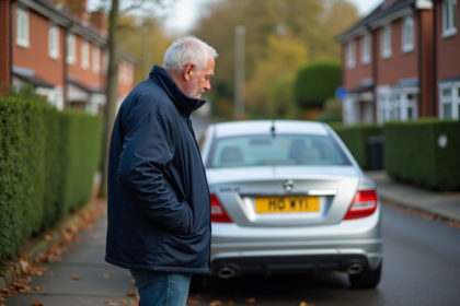 Homme d'âge moyen vérifiant la plaque d'une voiture dans un quartier résidentiel
