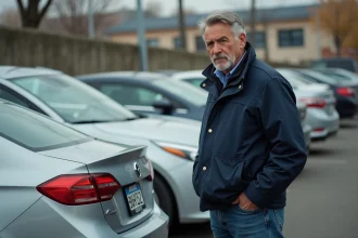 Homme vérifiant la plaque d'immatriculation d'une voiture