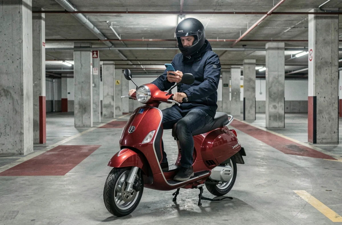 Homme en veste de moto montant une Vespa 125 rouge dans un parking souterrain avec son téléphone à la main