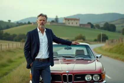 Homme en blazer près d'une voiture classique en campagne