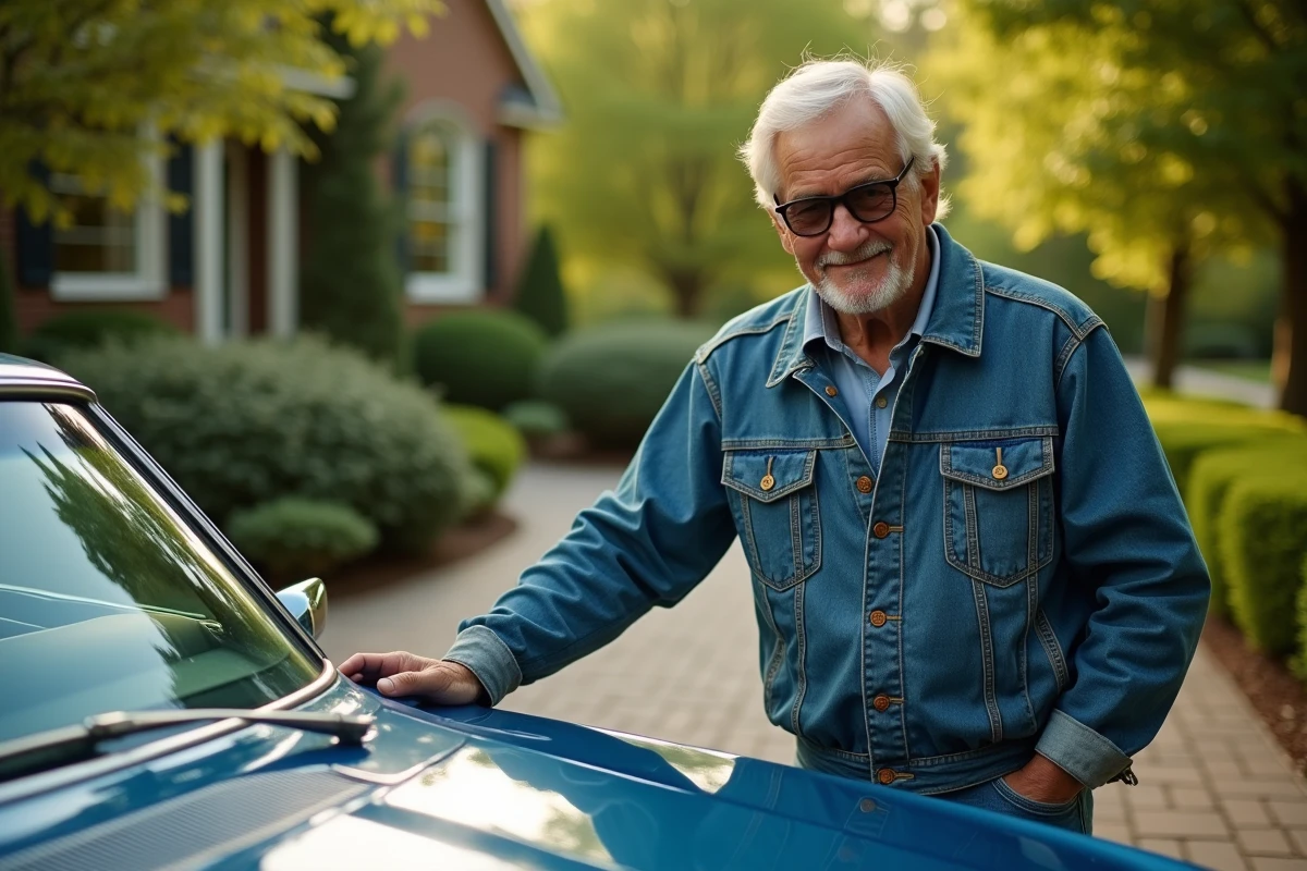 Homme en denim et lunettes vintage près d'une muscle car 1969