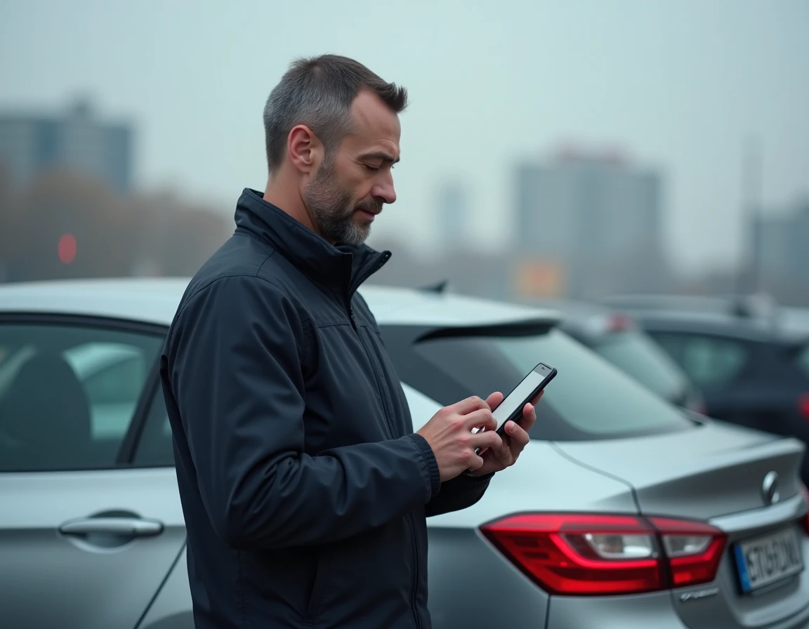 Homme debout près de sa voiture consultant une application de comparatif d'assurance auto sur smartphone