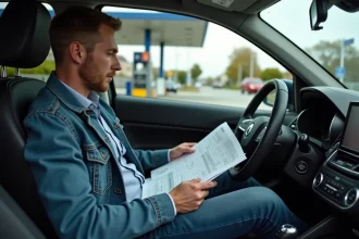 Homme dans sa voiture vérifiant un tableau et une calculatrice