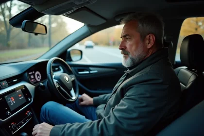 Homme inquiet dans la voiture avec voyant d'alerte