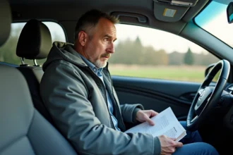 Homme d'âge moyen regardant un voyant d'alerte dans la voiture