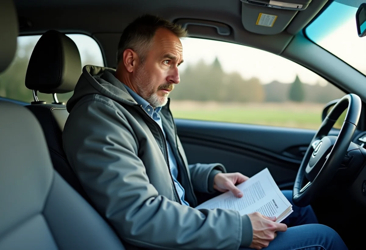 Homme d'âge moyen regardant un voyant d'alerte dans la voiture