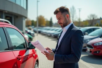 Homme d affaires examine un rapport véhicule devant une concession