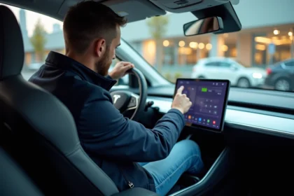 Homme dans sa trentaine utilisant l'écran d'une voiture électrique moderne