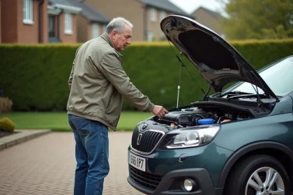 Homme d'âge moyen examinant le moteur d'une voiture à l'extérieur