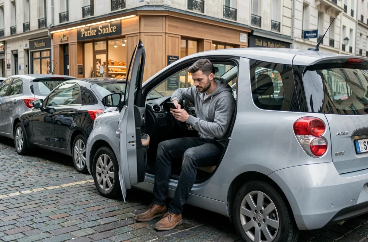 Homme assis dans une voiture sans permis consultant son téléphone pour trouver une assurance pas chère en ville