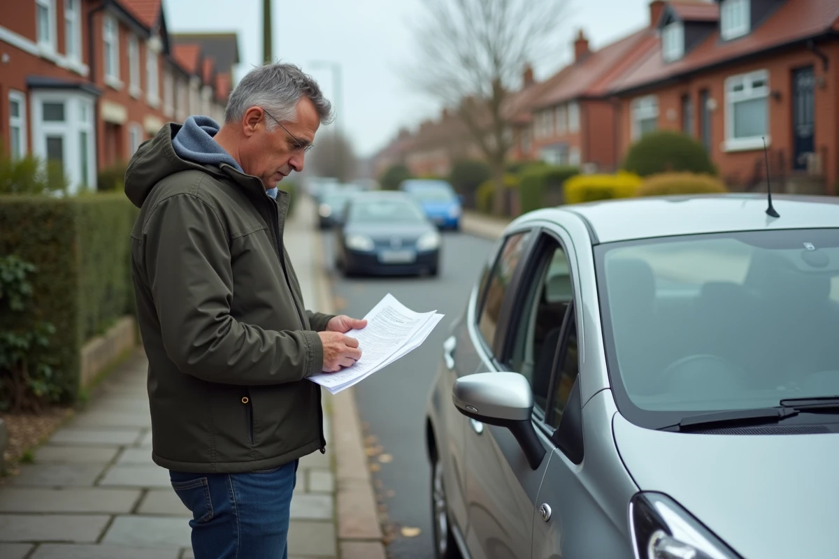 Homme d'âge moyen avec sa voiture en ville