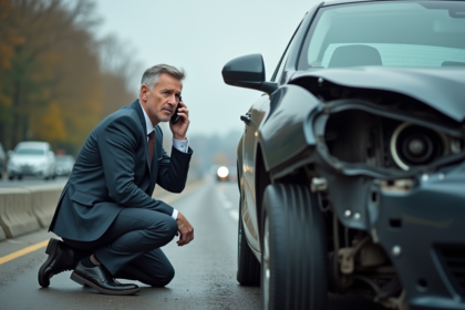 Homme d affaires appelant à l aide à côté de sa voiture en ville