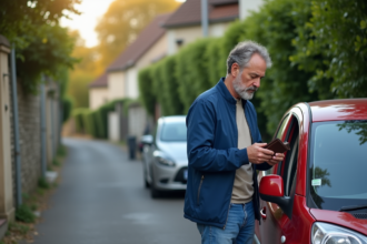 Homme d'âge moyen examine son portefeuille vide dans une rue résidentielle française