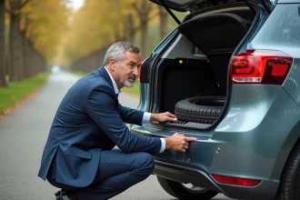 Homme d affaires vérifiant la roue de secours d une voiture