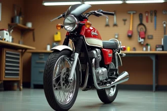 Honda XLV750R de collection en parfait état dans un garage de restauration de motos vintage
