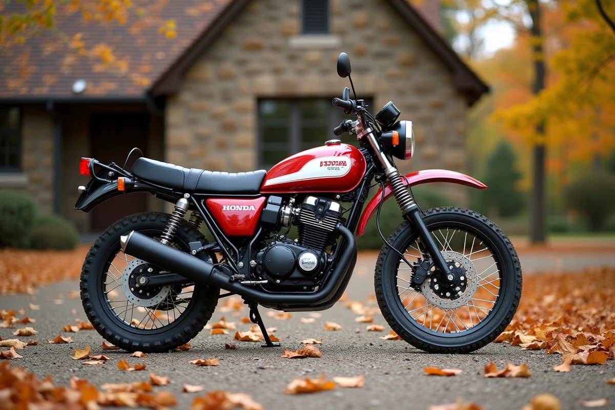 Honda XLV750R de collection garée devant une maison rurale en automne, moto vintage en état d'origine