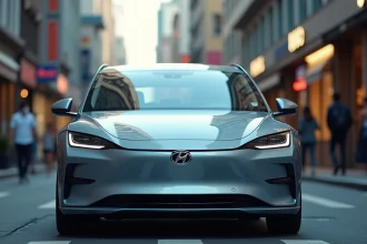 Voiture hybride Hybrid 136 e-DCS6 en conduite urbaine dans une rue de ville animée