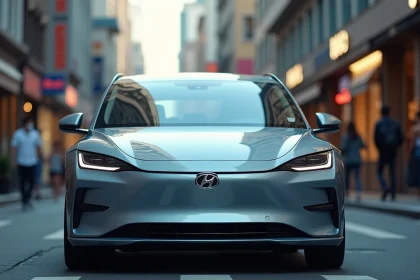 Voiture hybride Hybrid 136 e-DCS6 en conduite urbaine dans une rue de ville animée