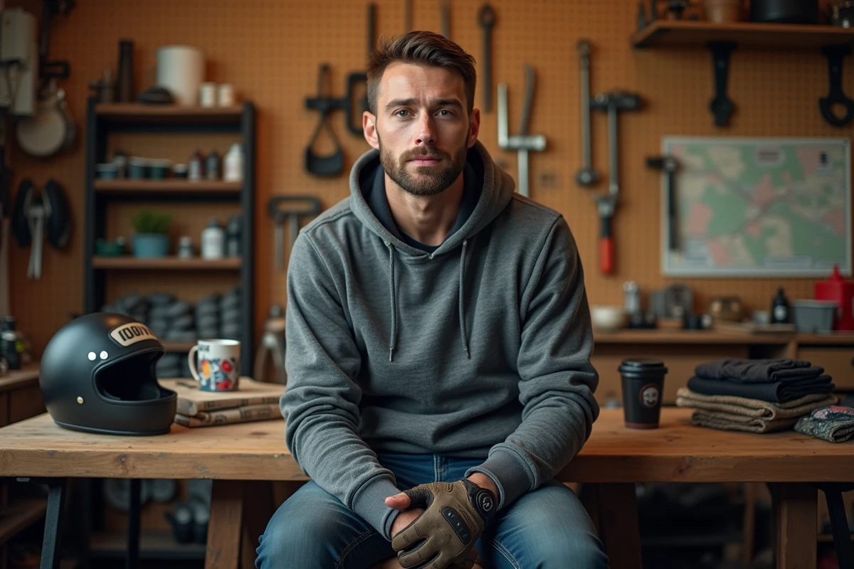 Idées cadeaux moto abordables pour homme posés sur un établi de garage