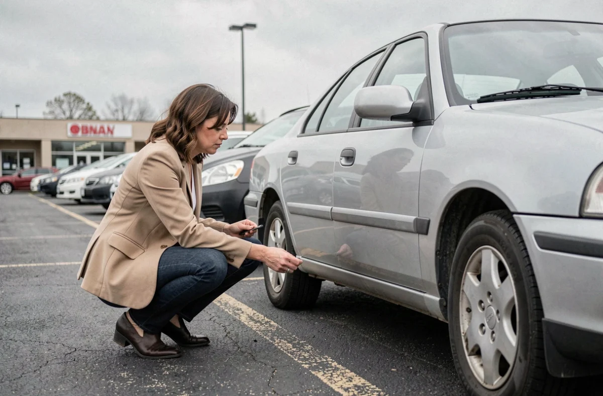Une femme inspecte attentivement la carrosserie d'une voiture d'occasion dans un parking de concessionnaire
