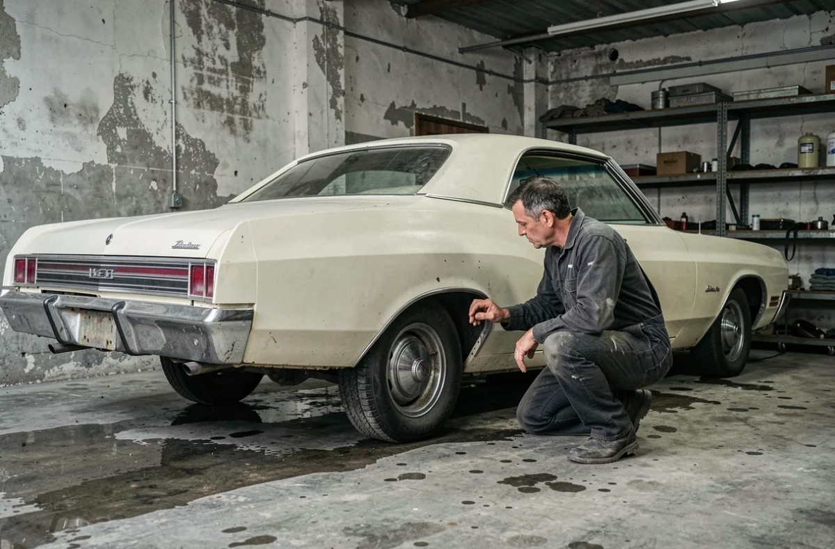 Mécanicien inspectant la carrosserie d'une Chevrolet Impala des années 1970 blanche dans un garage en béton
