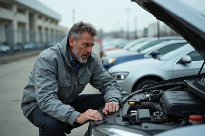 Homme inspectant le compartiment moteur d'une voiture essence d'occasion dans un parking de concessionnaire avant l'achat