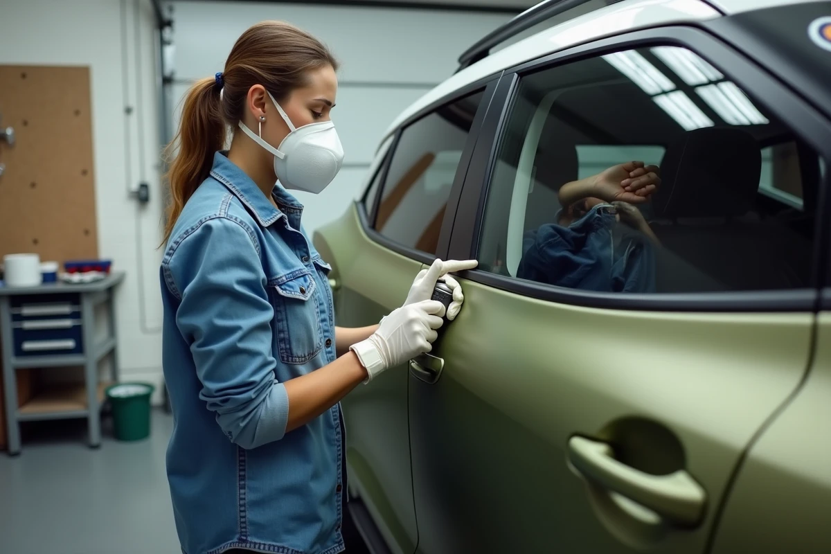 Jeune femme inspectant la carrosserie mate vert olive d'un SUV après application d'un vernis en bombe dans un garage résidentiel