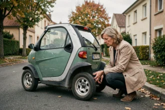 Femme inspectant une voiture sans permis d'occasion garée dans une rue résidentielle française