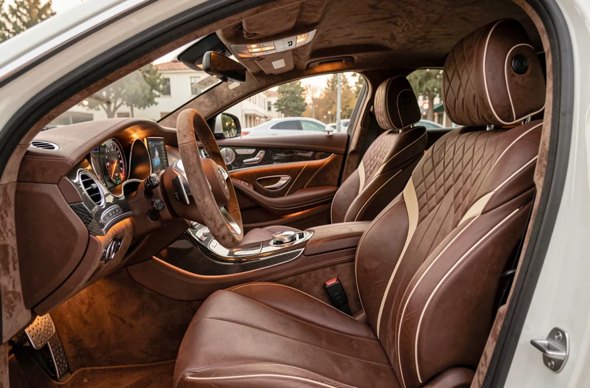 Intérieur Brabus Mercedes Classe S avec sièges en cuir Nappa surpiqué, volant personnalisé et console centrale en fibre de carbone