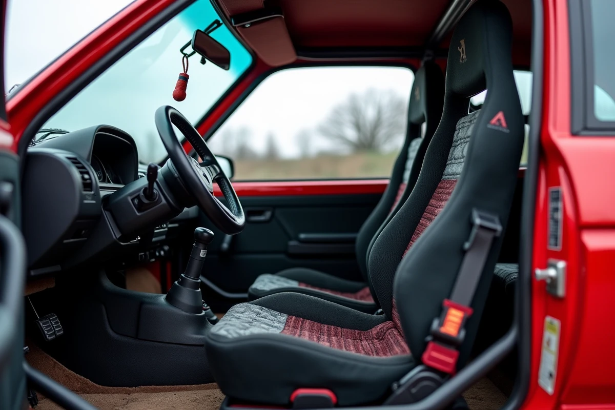 Intérieur d'une Peugeot 106 Maxi avec cage de sécurité homologuée FIA, sièges baquet et volant de compétition