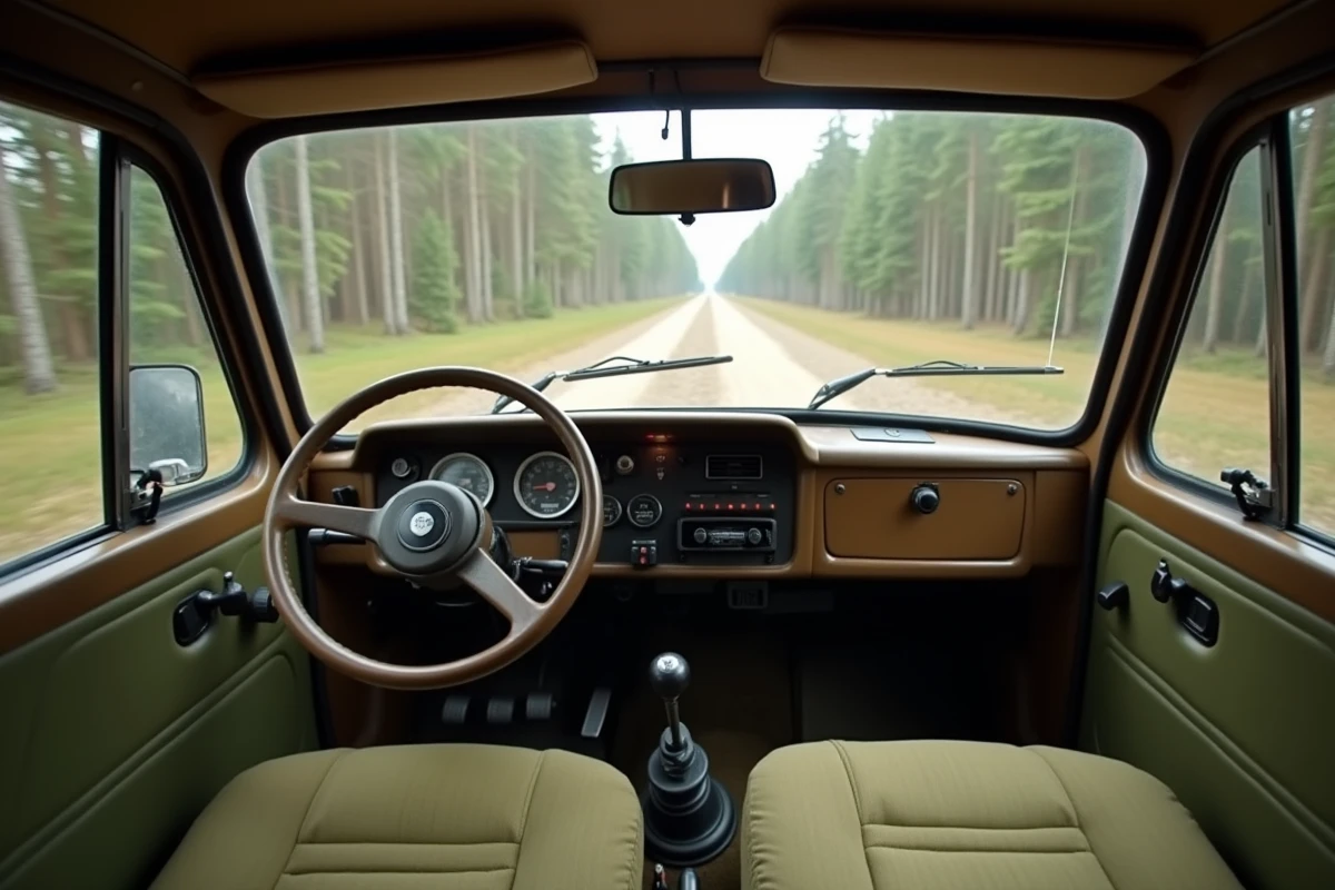 Intérieur du Lada Niva 4x4 avec tableau de bord minimaliste et sièges en tissu vert